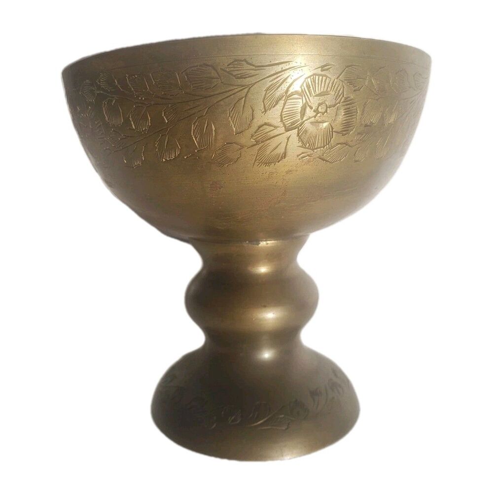 Vintage India Brass Raised Pedestal Goblet Bowl Planter Centerpiece H 5” W 5”